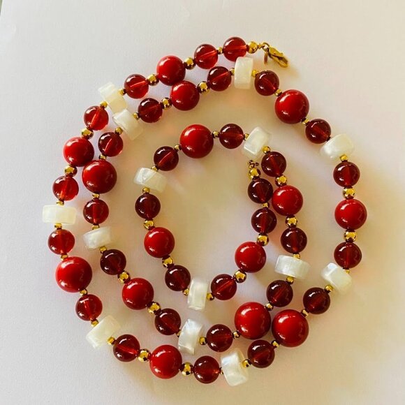 Vintage Monet Cranberry Red and Pearlized Beaded Long Necklace - Picture 3 of 7